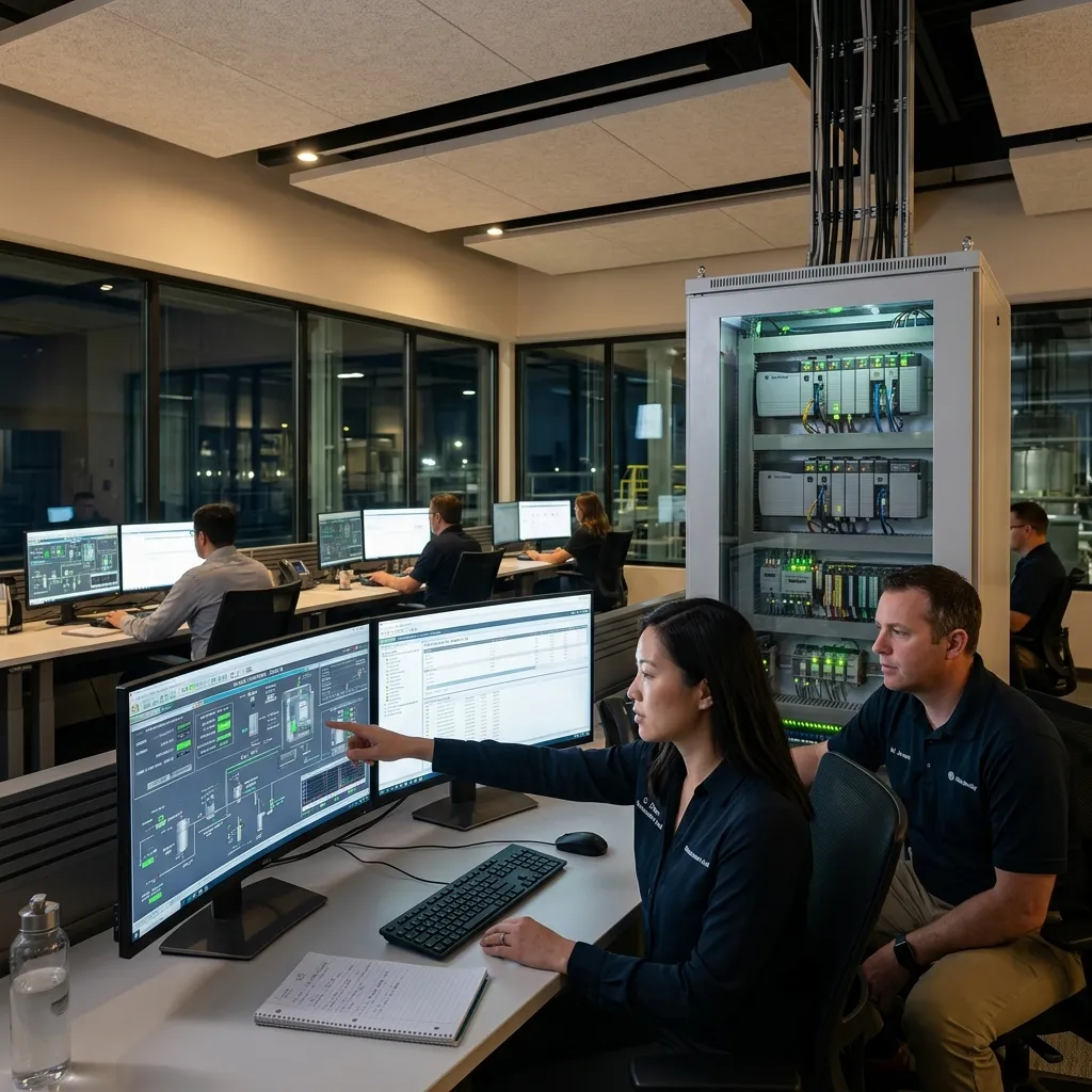 Centro de engenharia moderna da Integra Automação com controladores programáveis e telas de supervisão