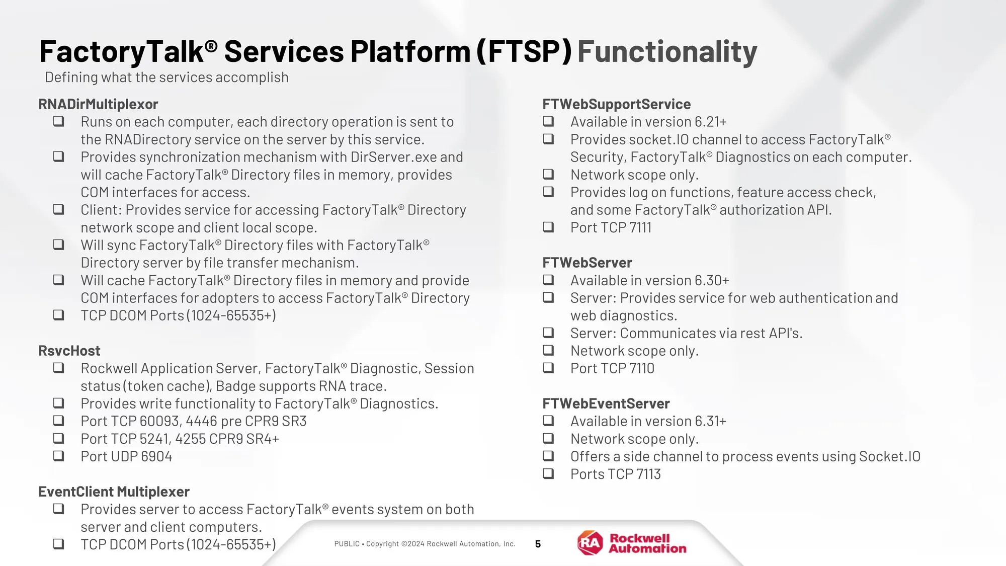 Funcionalidades do FactoryTalk Services Platform - Directory, Network Service, Live Data, Audit, RNA